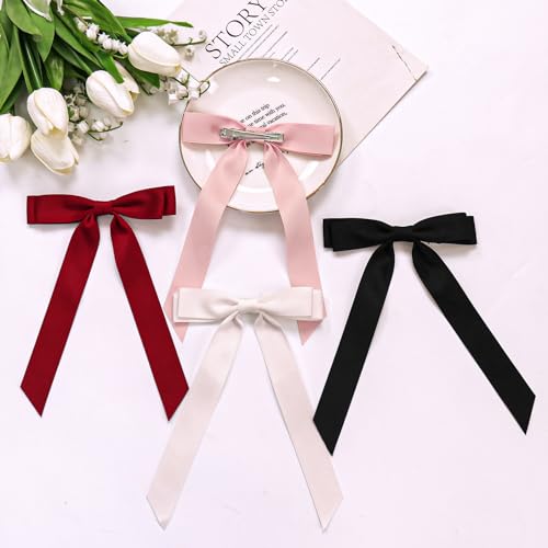 Jelyne 4Pcs Hair Clip Hair Bow For Women And Girls - Classic Silky Satin Ribbon Bow Clips With Long Tail thumb #4