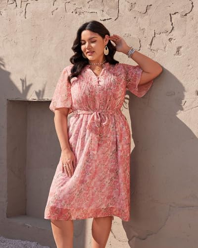 Image of Plus Size Pink Floral Dress for Curvy Women V Neck Short Sleeves High Waisted Boho Midi Dress with Pockets
