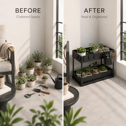 Image of Lifelong 2 Tier Plant Stand Indoor with Storage Tray and Hooks, Black Metal Plant Shelf for Small Potted Plants, Tabletop Organizer Rack for Home Kitchen Office, Space Saving Planter Stand