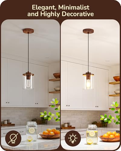 [Prime] 2-Pack EDISHINE Farmhouse Pendant Light w/ Wood Grain Finish & Clear Glass Shade (Walnut) - image 5