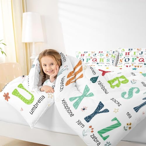 Image of Feelyou ABC Alphabet Bedding Set Queen Size, Learning Educational Comforter Cute Cartoon Funny Positive Words Comforter Set for Kids Toddler Educational Duvet Set Durable Bed Set 3Pcs