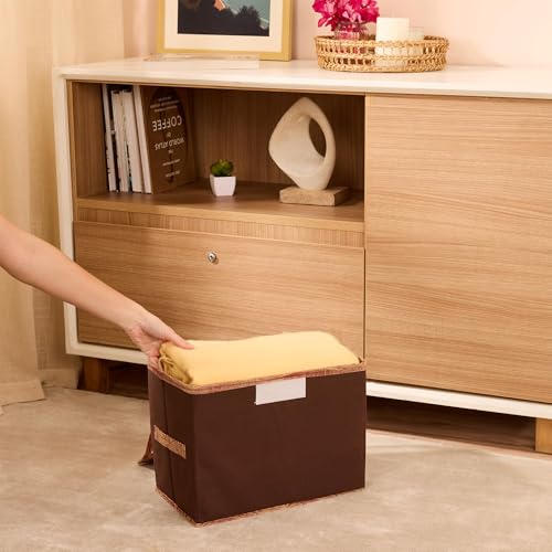 Image of Amazon Brand - Solimo Dot Printed Foldable Large Non-Woven Storage Box|Tranasparent Lid|Durable Handles|Size 42 x 27 x 31 CM (Brown)