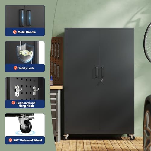 Image of Yizosh Metal Garage Storage Cabinet with Locking Doors and Adjustable Shelves,- 71 inch Rolling Steel Tool Cabinet for Home Office,Garage,Warehouse