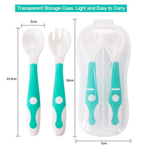 Baby Utensils Spoon Fork Set With Travel Safe Case Toddler Babies Children Feeding Training Spoon Easy Grip Heat-Resistant Bendable Self Feeding Learning Spoon (1 Spoon, 1 Fork) #TOP5