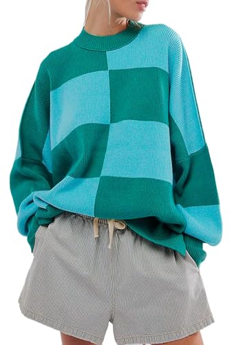 Women's Green Checkered Oversized Sweater with Side Slits Drop Shoulder