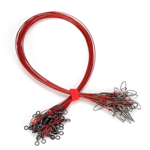 Piscorush 25pcs 20inch Fishing Wire Leaders Extra Length Nylon-Coated Fishing Line Trace Lure Leaders with Swivels and Snaps Stainless Steel Fishing Tackle Leaders Tackle (Red, Pack of 25)