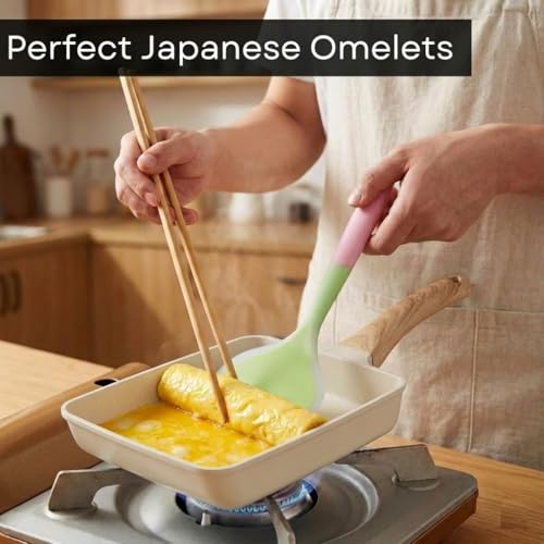 Image of Breakfast Pan Non Stick Egg Fry Pan Rectangular | Sandwich Frying Pans | Mini Frying Pan | Induction & Gas Compatible | Easy Clean | Wooden Grip Handle | Tamagoyaki Japanese Omelette Pan