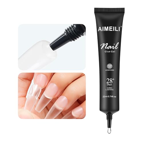 AIMEILI Gel de Colle à Ongles 22ML, UV Solide Colle Faux Ongles Extra Forte pour Pose Américaine Ongles Capsules Presser sur les Ongles, Pas Besoin de Brosse