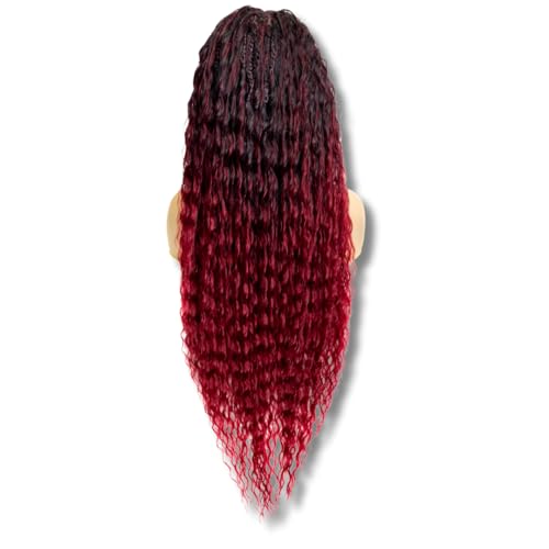 PIB Single Full Lace Braid Wig - Micro Boho Peruvian Deep Wave Box Braided, Knotless for Black Women, Curly Hair (#1B118 Off Black and Burgundy, 32" Small-Medium)