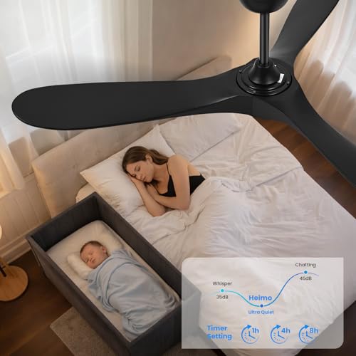 Image of heimo 60 Inch Black Ceiling Fan with Light and Remote, Wood Outdoor Ceiling Fans with Lights Dimmable for Bedroom Living Dining Room Patios Garage Gazebo Farmhouse Big Dc Reversible Fan