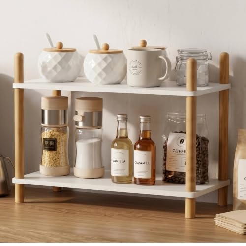 2-Tier Bamboo Coffee Bar Organizer,Coffee Bar Accessories, Mul-tifunctional Wooden Beaded Coffee Station Countertop Stand Shelf for Kitchen Home Office,Counter Riser Display Shelf for Top of Desk Home