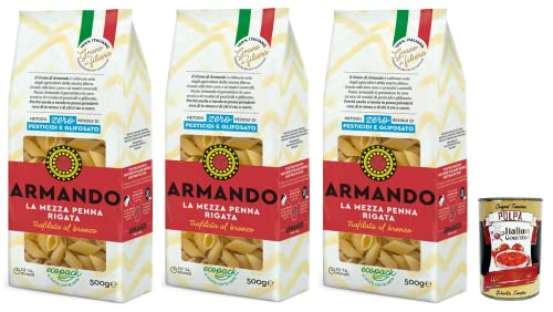 Armando La Mezza Penna Rigata, bronzen getrokken pasta, 100% Italiaanse pasta 500 g + Italiaanse gourmet Polpa di Pomodoro 400 g blik