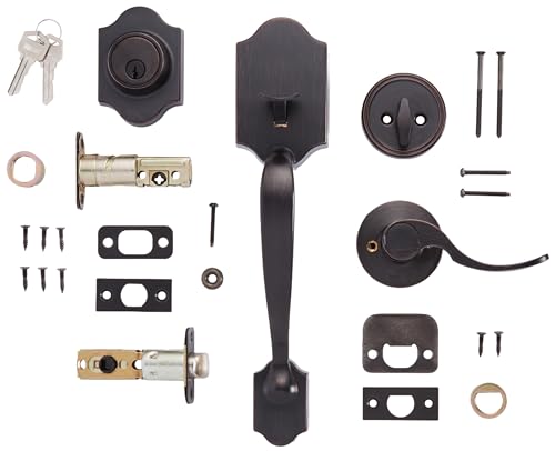 Image of Amazon Basics Front Door Lock Set, Handleset with Shelby Lever, Single Cylinder, Easy to Install, Oil Bronze, Grade-3 Security