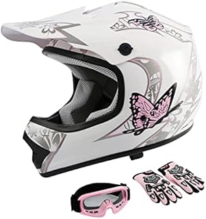 TCMT Dot Youth & Kids Motocross Offroad Street Helmet Pink Butterfly Motorcycle Youth Helmet Dirt Bike Motocross ATV Helmet+Goggles+Gloves S
