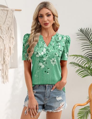 Image of Zeagoo Women Blouses Puff Short Sleeve Tops V Neck Dressy Casual Spring Shirts Boho Floral Cute Clothes 2026
