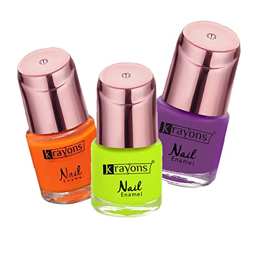 Image of Krayons Crazy Gel Nail Enamel, Waterproof, Longlasting, 8ml Each, Multicolor, Pack of 3 (Neon Orange, Neon Yellow, True Purple)