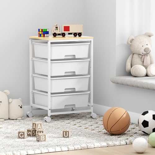 Image of SYKIARIOL Rolling Cart with Drawers, 4-Drawer Utility Cart, Bright White | Rolling Storage Cart with Drawers and 2 Lockable Wheels, 4-Tier Craft Organizers for Home Office Dorm