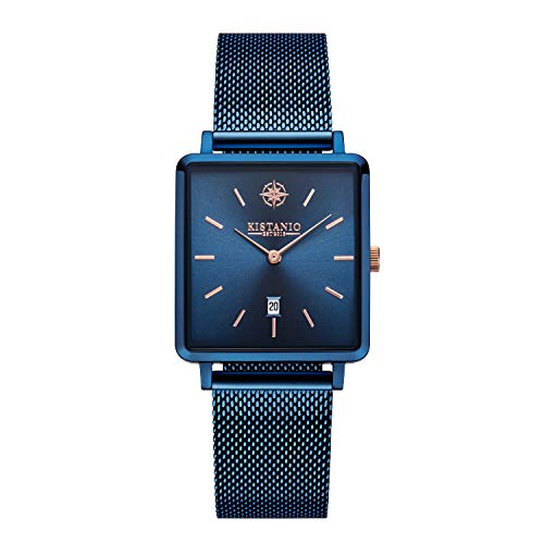 Kistanio Montre carrée plate pour femme avec bracelet en maille en verre saphir rectangulaire en acier inoxydable Date Différentes variations, Bleu/bleu., Bracelet Cover