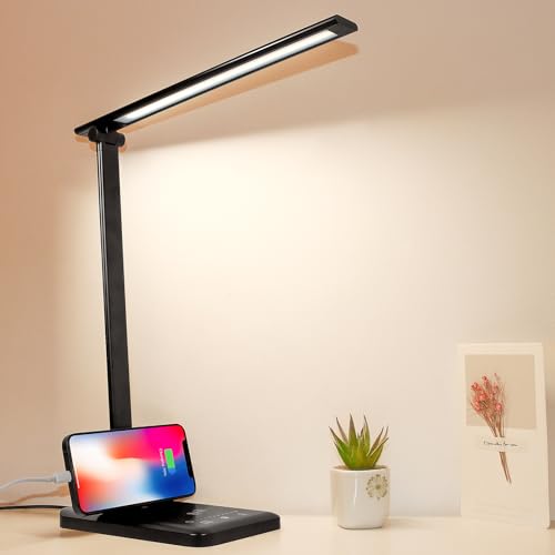 Woputne Desk Lamp, Dimmable Bedside Lamps with USB Charging Port, 5 Light Modes x Adjustable Brightness, Touch Control, Led Lamp for Reading,Crafting,Work,Study (Black)
