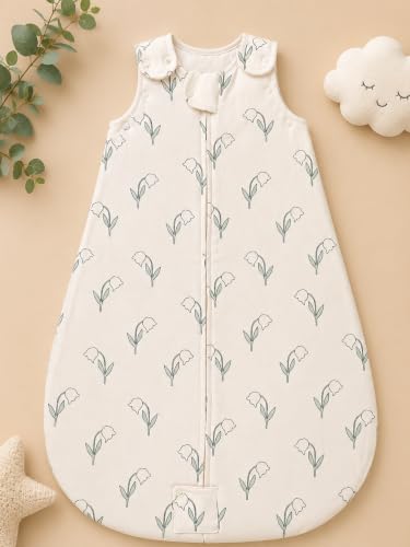 Image of TuddyBuddy Baby Cotton Wearable Quilted Sleeping Bag Blanket 1.5 Tog with 1 Way Zipper Closure | Ideal for Babies & Kids Hypoallergenic Fabrics | (Green Tulips AOP - Beige, 6-12 Months)