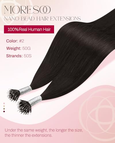 Image of Moresoo Nano Bead Hair Extensions Human Hair, Dark Brown, 16 Inch | 50g 50 Strands, Remy Hair, silky straight texture, comfortable wear for subtle length and everyday styling
