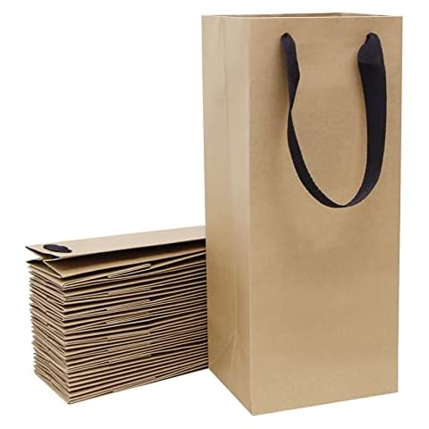 20 Pack Brown Wine Gift Bags with Ribbon Handles Bulk 6x5x15 inch, Kraft Paper Bottle Bags for Champagne Alcohol Cover