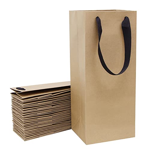 20 Pack Brown Wine Gift Bags with Ribbon Handles Bulk 6x5x15 inch, Kraft Paper Bottle Bags for Champagne Alcohol
