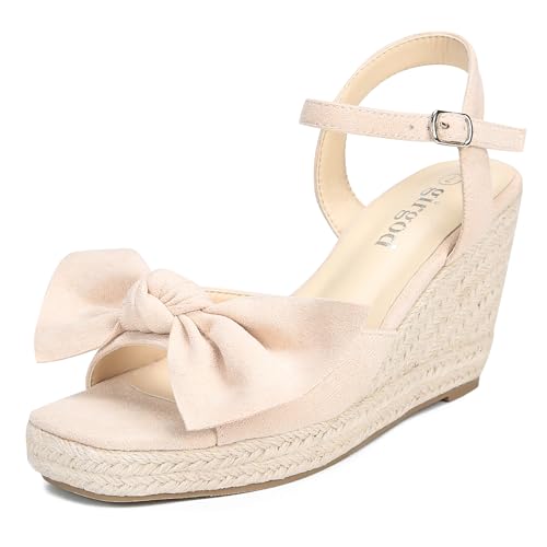 girgod Espadrilles Wedge Sandals for Women Bow Platform Wedges Heels Open Toe Ankle Strap Summer Wedding Wedges