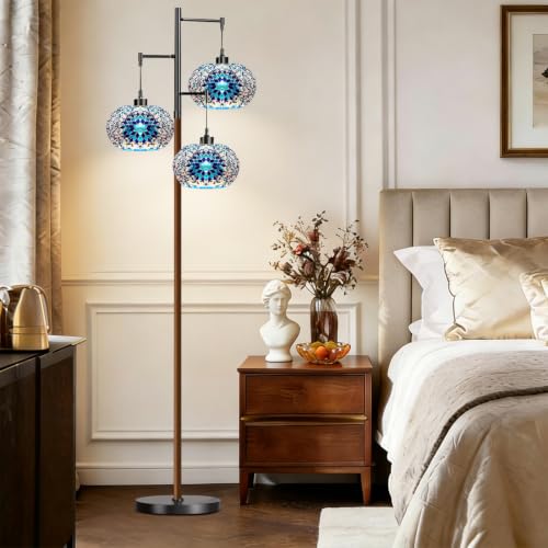Image of ILLMTW Turkish Floor Lamp for Living Room,Bedroom,Moroccan Tiffany Standing Lamp Mosaic Stained Glass Lamps Mid Century Tall Lamps Unique Tree Black Vintage Retro Floor Light Boho Style Decor