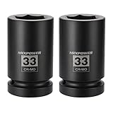 MIXPOWER 2 Pieces 1 Inch Drive Deep Impact Socket, CR-MO, 33mm, 6 Point, Radius Corner Design, Axle Nut Impact Grade Socket for Easy Removal, 2PCS Set