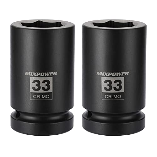 MIXPOWER 2 Pieces 1 Inch Drive Deep Impact Socket CR-MO 33mm 6 Point Radius Corner Design Axle Nut Impact Grade Socket for Easy Removal 2PCS Set