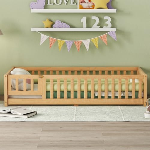 Image of Gustonhon Twin Size Montessori Floor Bed Frame, with Removable Door Wood Kids Platform Bed for Girls, Boys, Child Bedroom, Entertainment Playroom No Box Spring Need Easy Assemble (Natural, Twin)