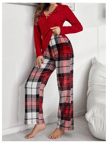 MakeMeChic Conjunto de pijama feminino, malha canelada, manga comprida, camisa de botão e calça xadr