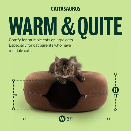 Image of Cattasaurus Peekaboo Cat Cave Donut for Multiple & Large Cats up to 30-45 lbs, 3-in-1 Self Warming Cat Bed, Tunnel & Scratcher for Indoor Cats, Washable & Detachable Small Dog Bed (Brown, Jumbo)