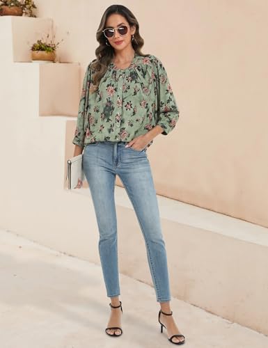 AIMCOO Button Down Floral Shirts for Women Dressy Casual 3/4 Sleeve Batwing Flowy Blouse Boho Business Spring Tops Floral Green Pink Medium — view 5