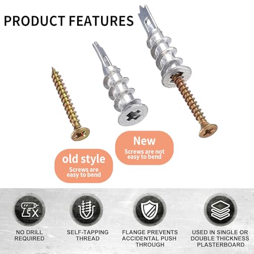 110 Pcs M4 Self Drilling Plasterboard Fixings, Heavy Duty Metal Plaster Board Wall Plugs and Screws - Image 3