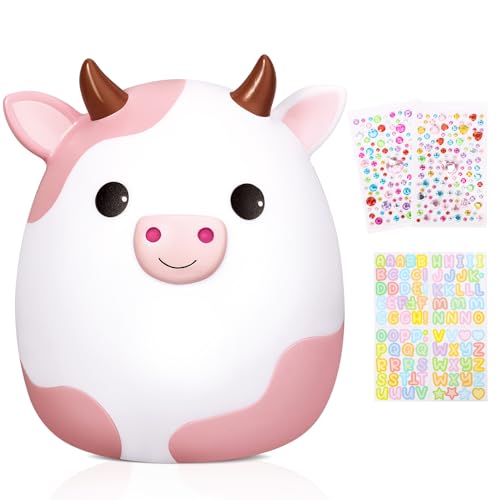 Image of Cow Piggy Bank for Kids, Pink Piggy Banks Girls Unbreakable Plastic Coin Bank Kids Safe Money Bank with DIY Stickers for Boys Girls Gift (Pink)