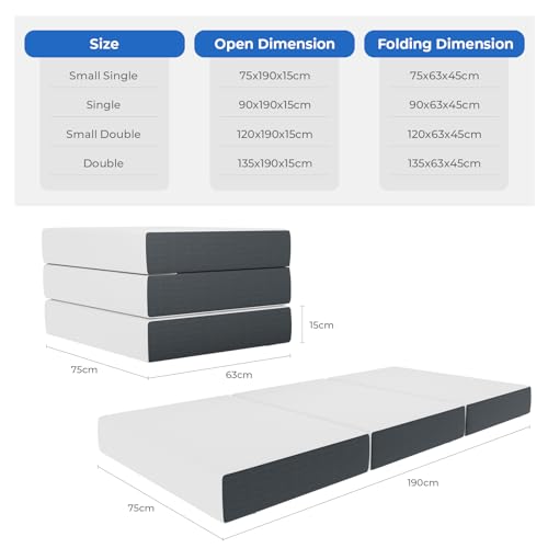 Vesgantti Folding Mattress Single Size with Storage Bag, 15CM Gel Memory Foam Foldable Mattress Tri-fold for Travel, Camping, Guest Bed - 100-Night Trial, CertiPUR-US Certified - 3
