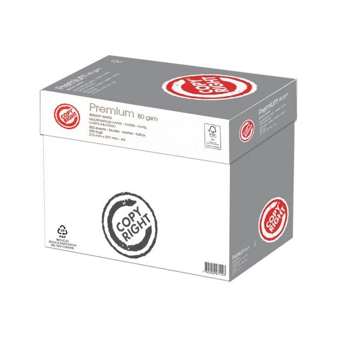 Copy Right Papel A4 Premium 80 gr - Paquete de 5 resmas de 500 hojas cada una - 2500 hojas - Ideal para todas las impresoras y fotocopiadoras de oficina y casa - blanco
