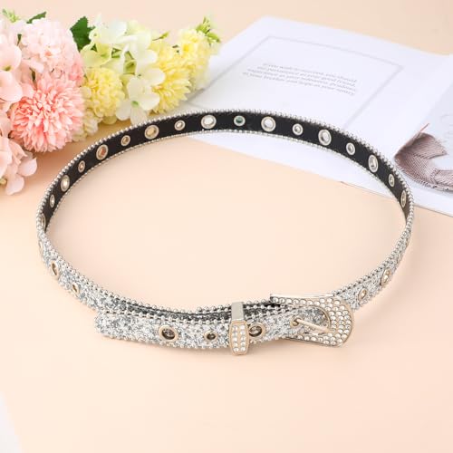 Rhinestone Belts Silver Western Sparkly Belt Cowgirl Cowboy Glitter Crystal Studded Leather Belts Bling Rhinestone Sparkle Belt Diamond for Jeans with Fashion Silver Buckle-41 Inch4