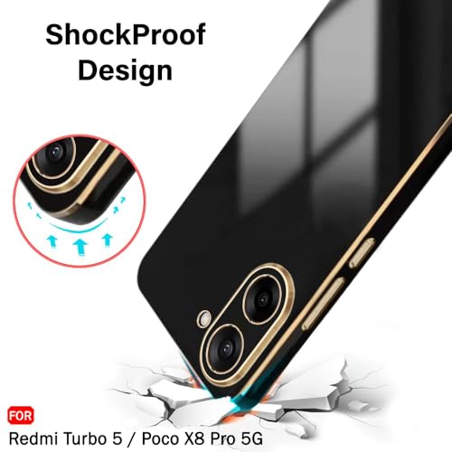 Image of TheGiftKart Luxurious Golden-Plated Back Cover Case for Mi Redmi Turbo 5 5G / Poco X8 Pro 5G | Raised Lips for Camera & Screen Protection | Shockproof Design | Stylish Back Cover Case (TPU, Black)
