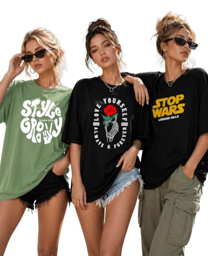 Image of London Hills Oversized Tshirt for Woman | t Shirt for Woman Oversized Fit Printed Round Neck | Tops for Woman's | Women t Shirt Loose Fit Drop Shoulder | t Shirts for Women | Western Tops