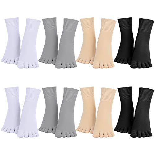 Bencailor 8 Pair Women Toe Sock Thin Breathable Five Toe Finger Separator Sock Crew Ankle for Athletic Summer Run Spring(10.2 x 2.4 Inch,Black, White, Gray, Beige)