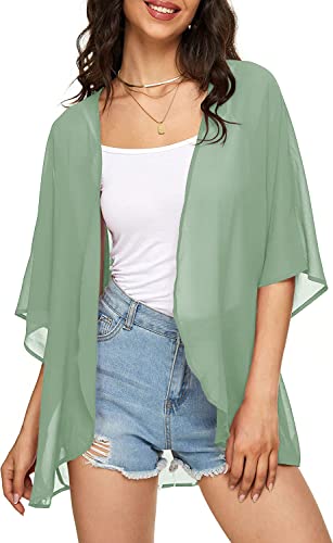 Womens Solid Puff Sleeve Kimono Cardigan Loose Cover Up Casual Blouse Top Chiffon Sage XL