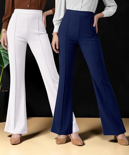 Image of Women Solid Flared Trousers Pack of 2 | High Waist Stretchable Office Pants for Women | Formal Bell Bottom Palazzo Trouser Combo