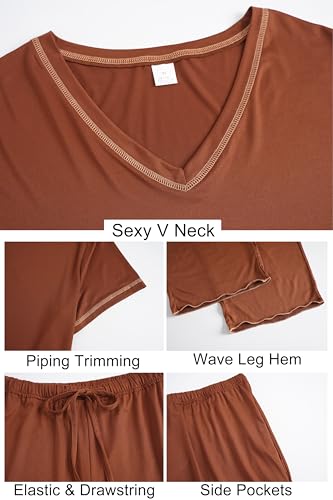 Image of Vozanet Women's Plus Size Pajama Sets Short Sleeve Long Pants Solid Color with Piping Trim Elegant Loungewear Cozy Sleepwear