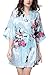 Produktbild YAOMEI Damen Morgenmantel Kimono, Seidig Satin Nachtwäsche Bademantel Robe mit Peacock und Blume Kimono Negligee Seidenrobe locker Schlafanzug, Kurz Stil (XXX-Large, Hellblau)