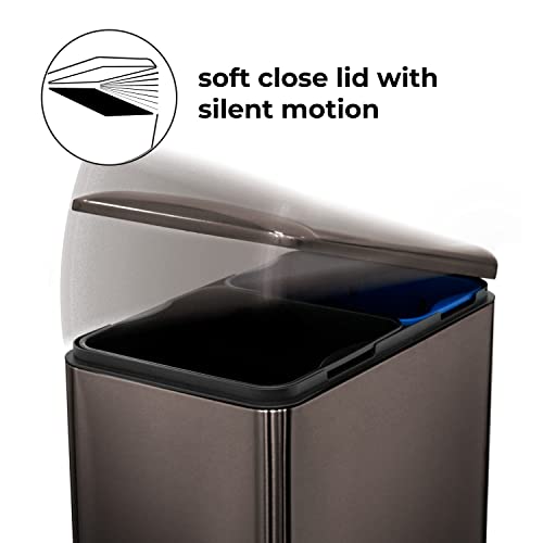 Home Zone Living 13 Gallon Slim Dual Compartment Kitchen Trash Can, Stainless Steel, Step Pedal, 50 Liter, Black #TOP5