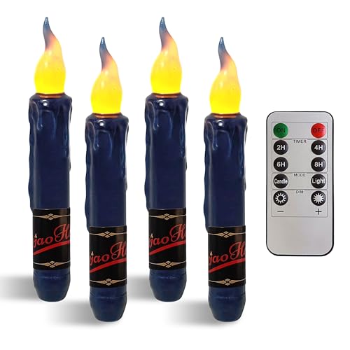 Image of Real Wax LED Flameless Navy Short Taper Candles with Remote, 6.7 Inches Candlesticks, Dripless Battery Operated Flame Rustic Primitive Flameless Lights Decor, Pack of 4