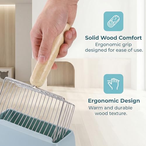 Image of Hiceeden 2 Pack Fast Sifting Cat Litter Scoop with Stand, Metal Kitty Litter Scoop Holder with Wooden Handle, Easy Clean Cat Poop Scooper for Kitten Litter Box, Gray and Blue
